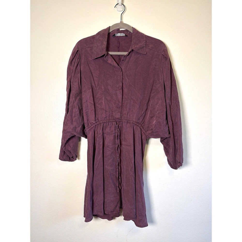 Zara Plum Purple Lyocell Mini Shirt Dress Long Sleeve Drawstring Waist Boho Med